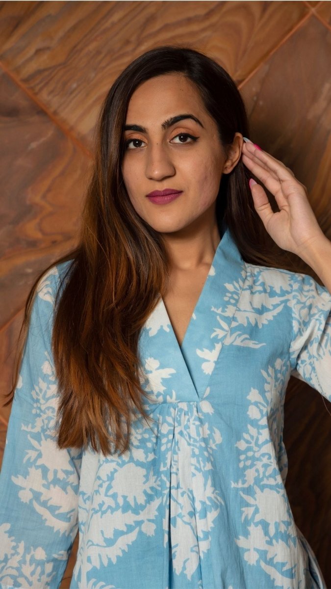 WHITE PHOOL PURE COTTON ANARKALI PANT SET - Pomcha Jaipur