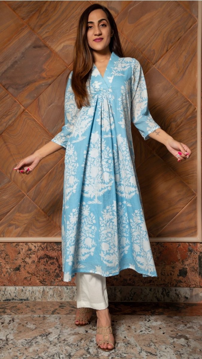 WHITE PHOOL PURE COTTON ANARKALI PANT SET - Pomcha Jaipur