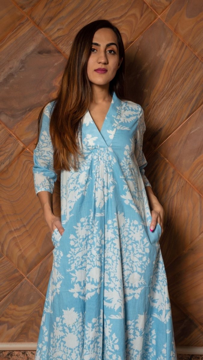 WHITE PHOOL PURE COTTON ANARKALI PANT SET - Pomcha Jaipur