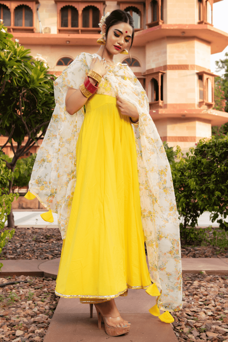 YELLOW BERRY COTTON ANARKALI SET - Pomcha Jaipur