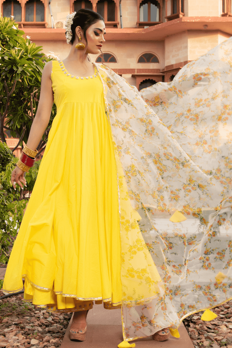 YELLOW BERRY COTTON ANARKALI SET - Pomcha Jaipur