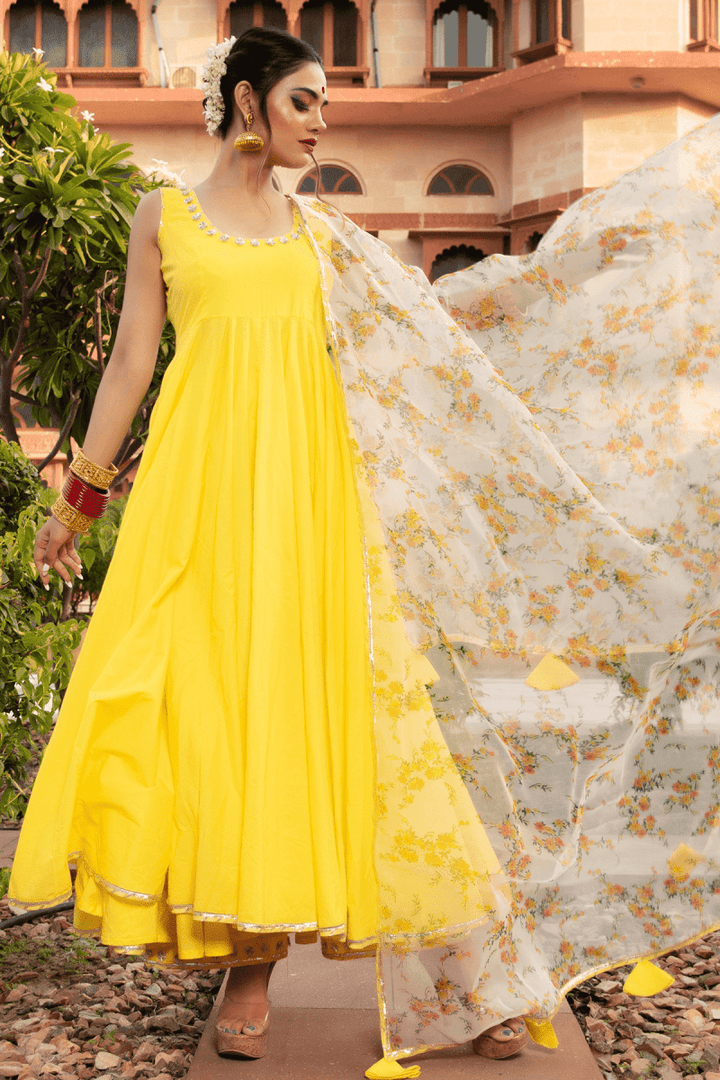 YELLOW BERRY COTTON ANARKALI SET - Pomcha Jaipur