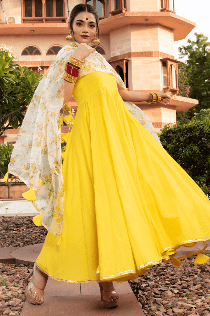 YELLOW BERRY COTTON ANARKALI SET - Pomcha Jaipur