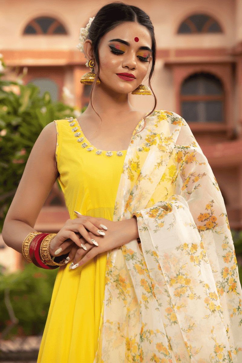 YELLOW BERRY COTTON ANARKALI SET - Pomcha Jaipur