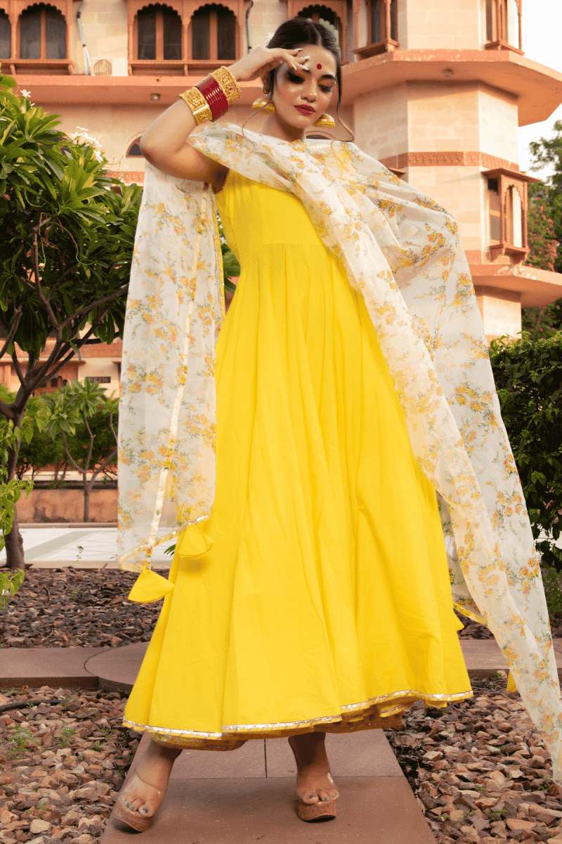 YELLOW BERRY COTTON ANARKALI SET - Pomcha Jaipur