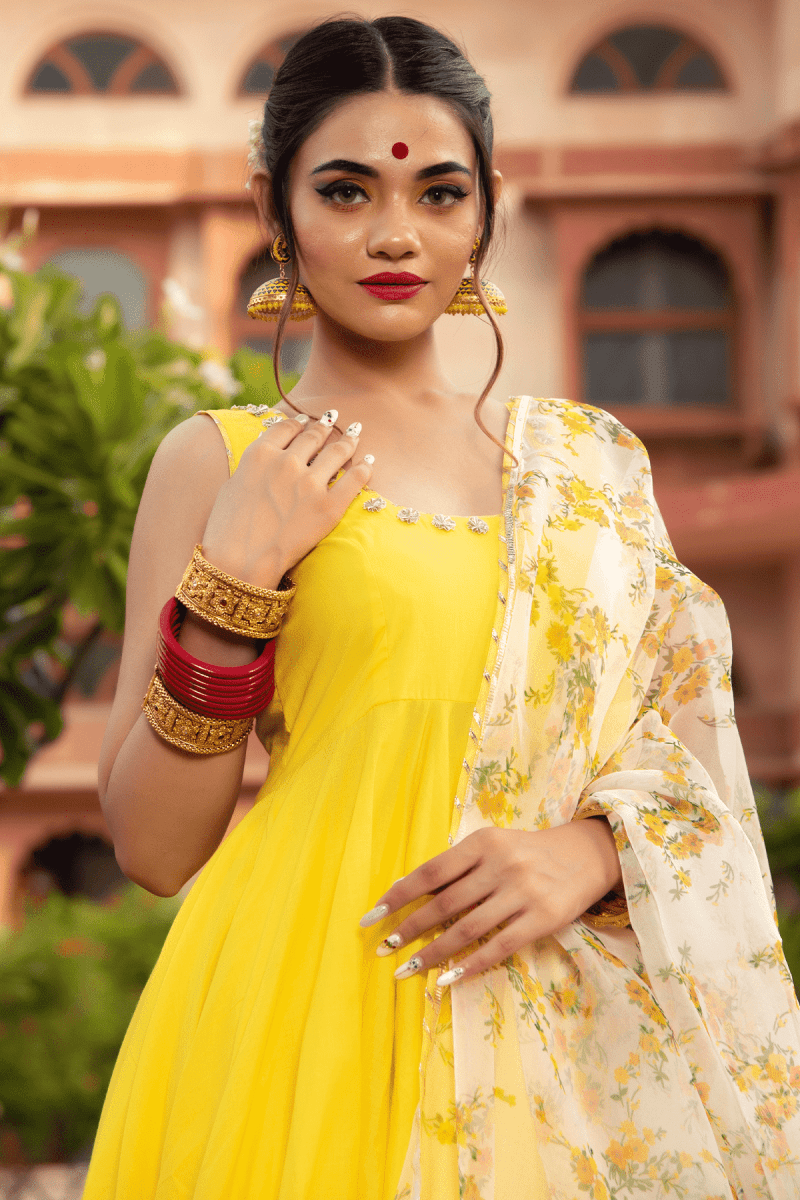 YELLOW BERRY COTTON ANARKALI SET - Pomcha Jaipur