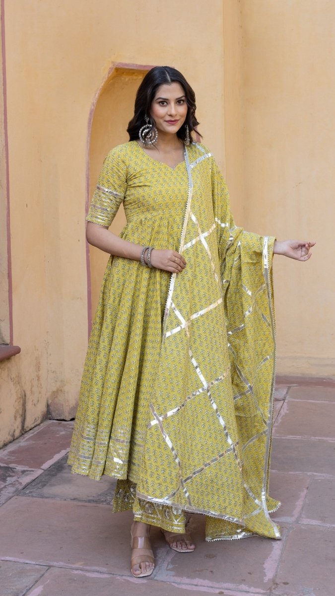 YELLOW BOOTI GOTTA JAAL COTTON ANARKALI SET - Pomcha Jaipur