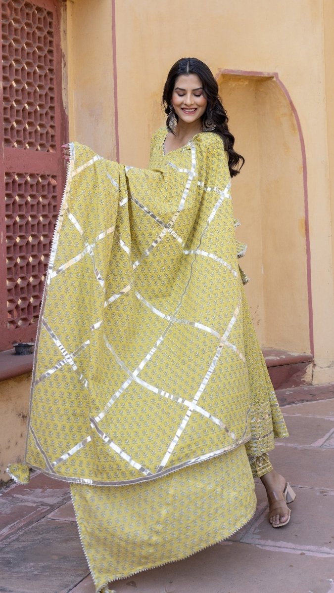 YELLOW BOOTI GOTTA JAAL COTTON ANARKALI SET - Pomcha Jaipur