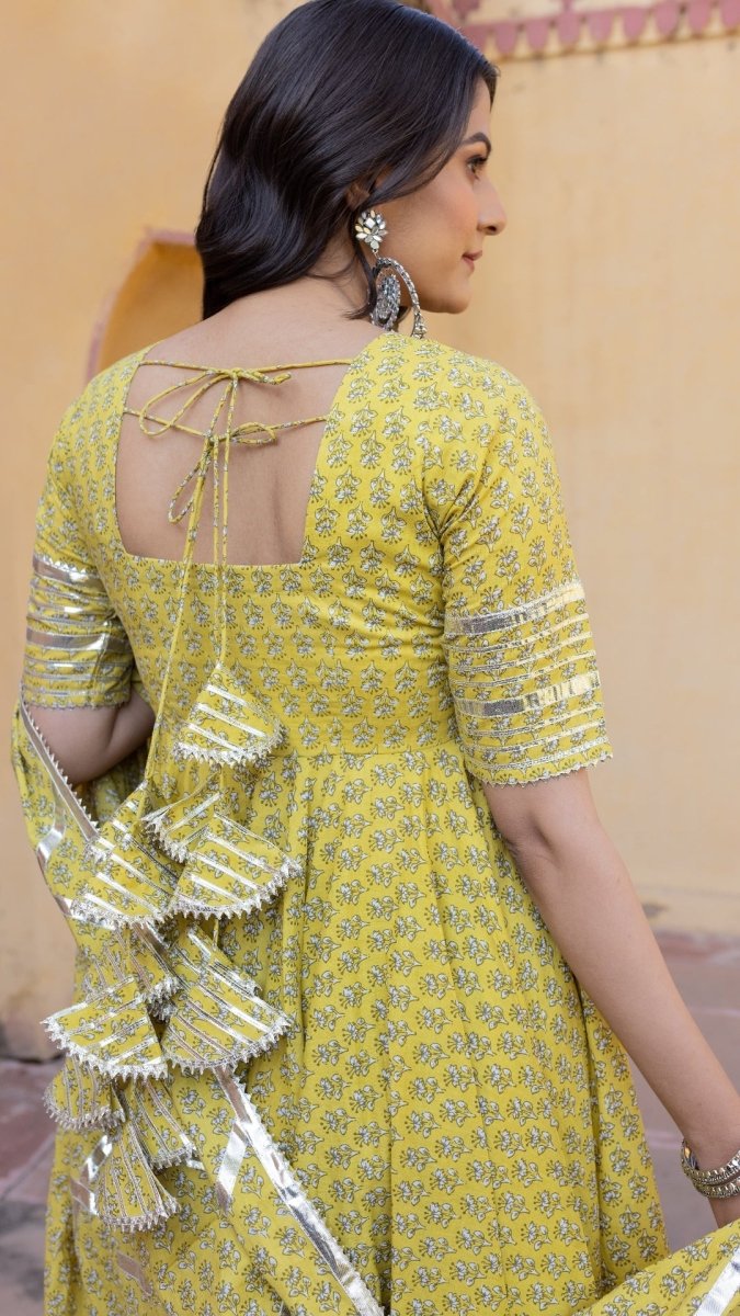 YELLOW BOOTI GOTTA JAAL COTTON ANARKALI SET - Pomcha Jaipur