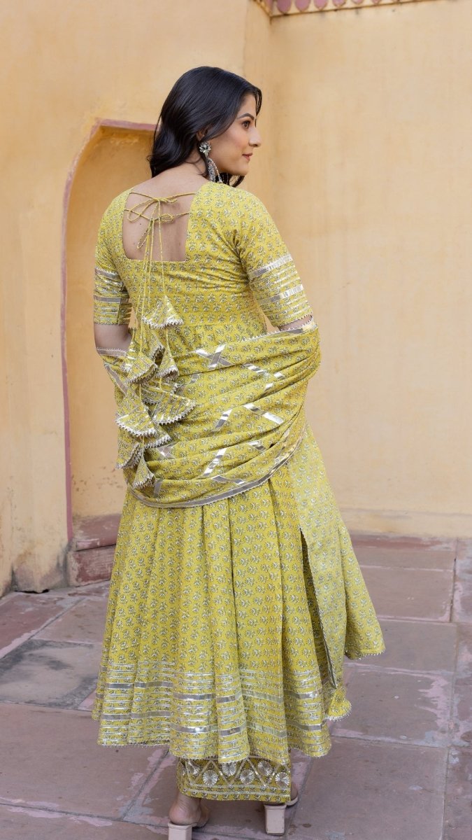 YELLOW BOOTI GOTTA JAAL COTTON ANARKALI SET - Pomcha Jaipur