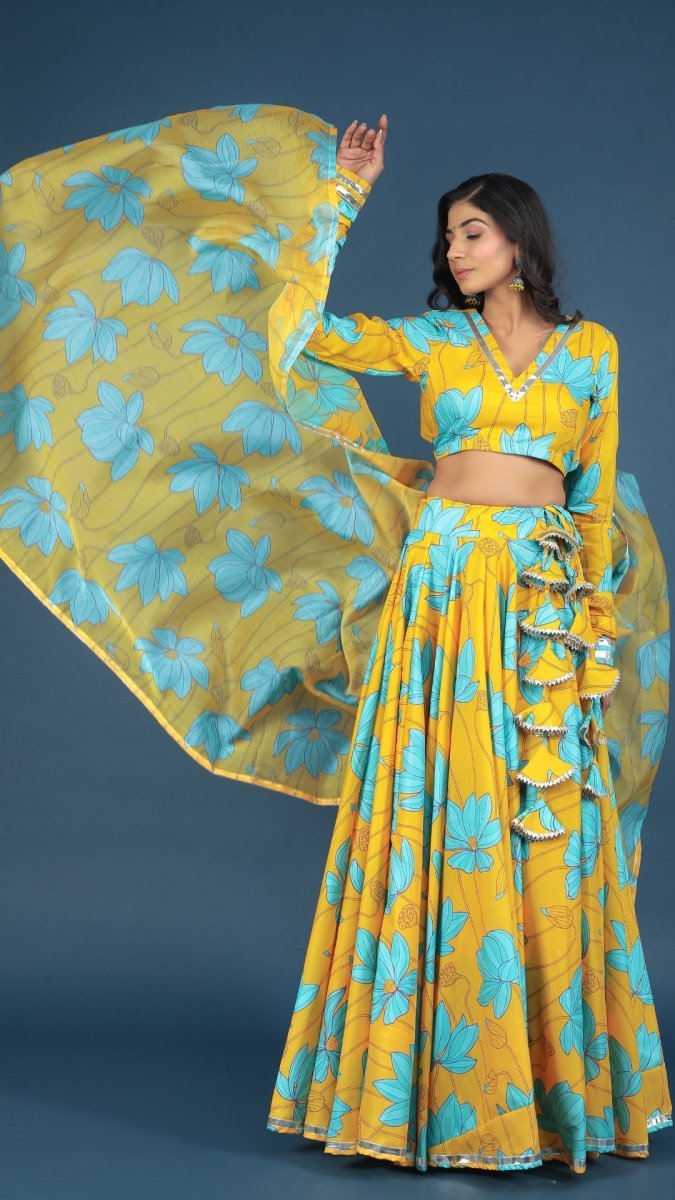 YELLOW BUSH LILLY MUSLIN SILK LEHENGA WITH CHIFFON DUPATTA SET - Pomcha Jaipur