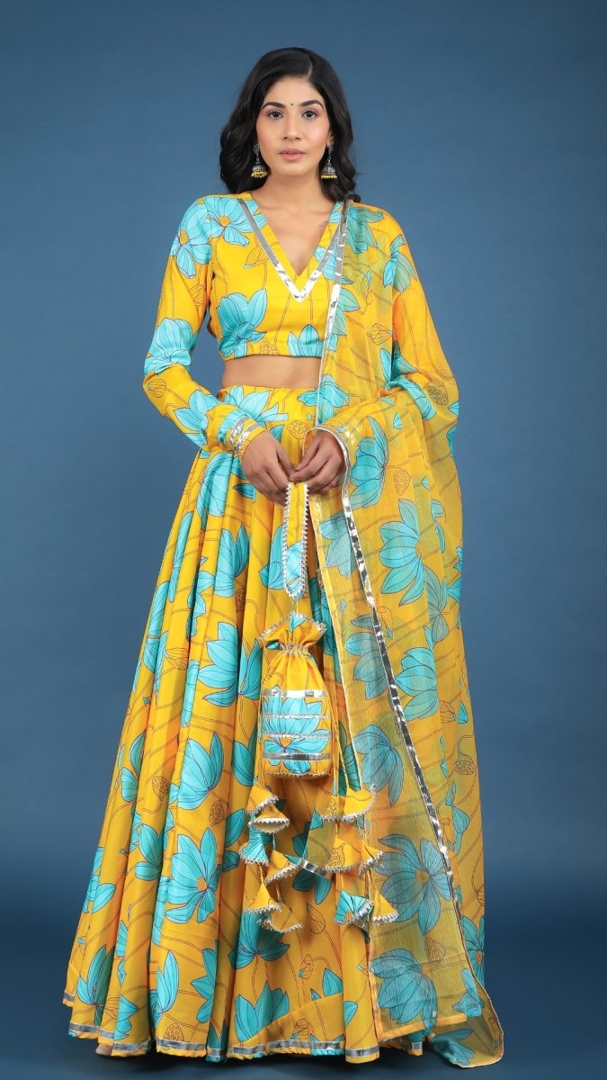YELLOW BUSH LILLY MUSLIN SILK LEHENGA WITH CHIFFON DUPATTA SET - Pomcha Jaipur