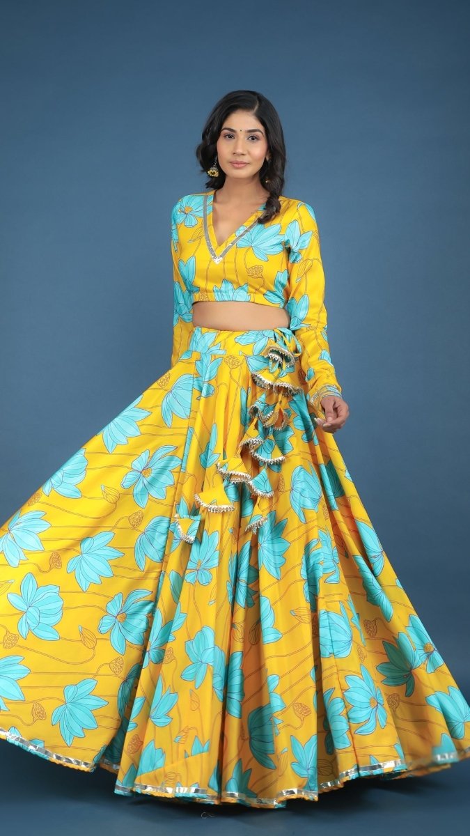 YELLOW BUSH LILLY MUSLIN SILK LEHENGA WITH CHIFFON DUPATTA SET - Pomcha Jaipur