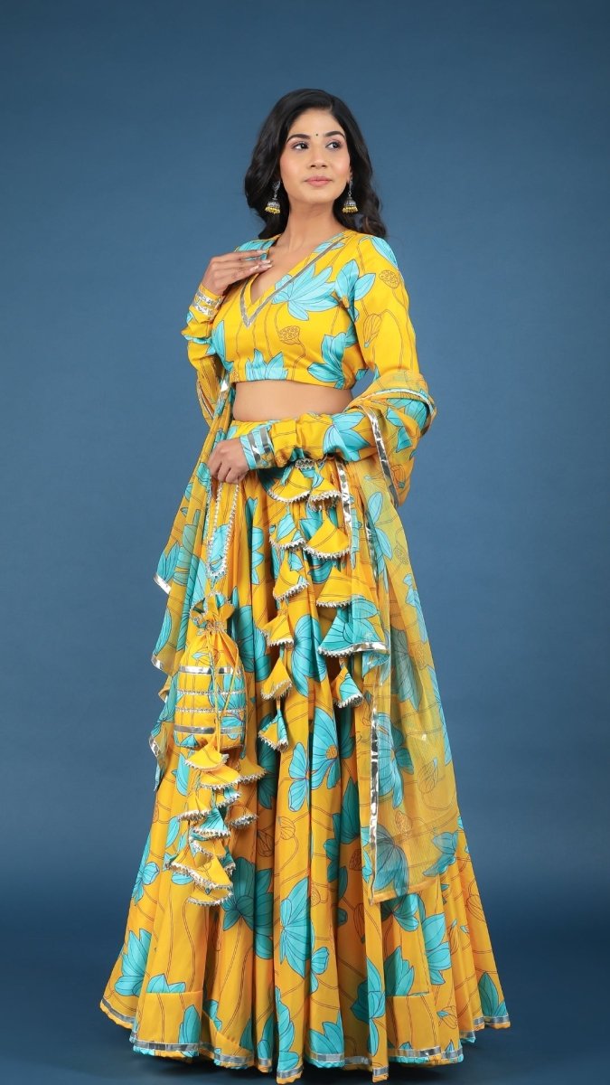 YELLOW BUSH LILLY MUSLIN SILK LEHENGA WITH CHIFFON DUPATTA SET - Pomcha Jaipur