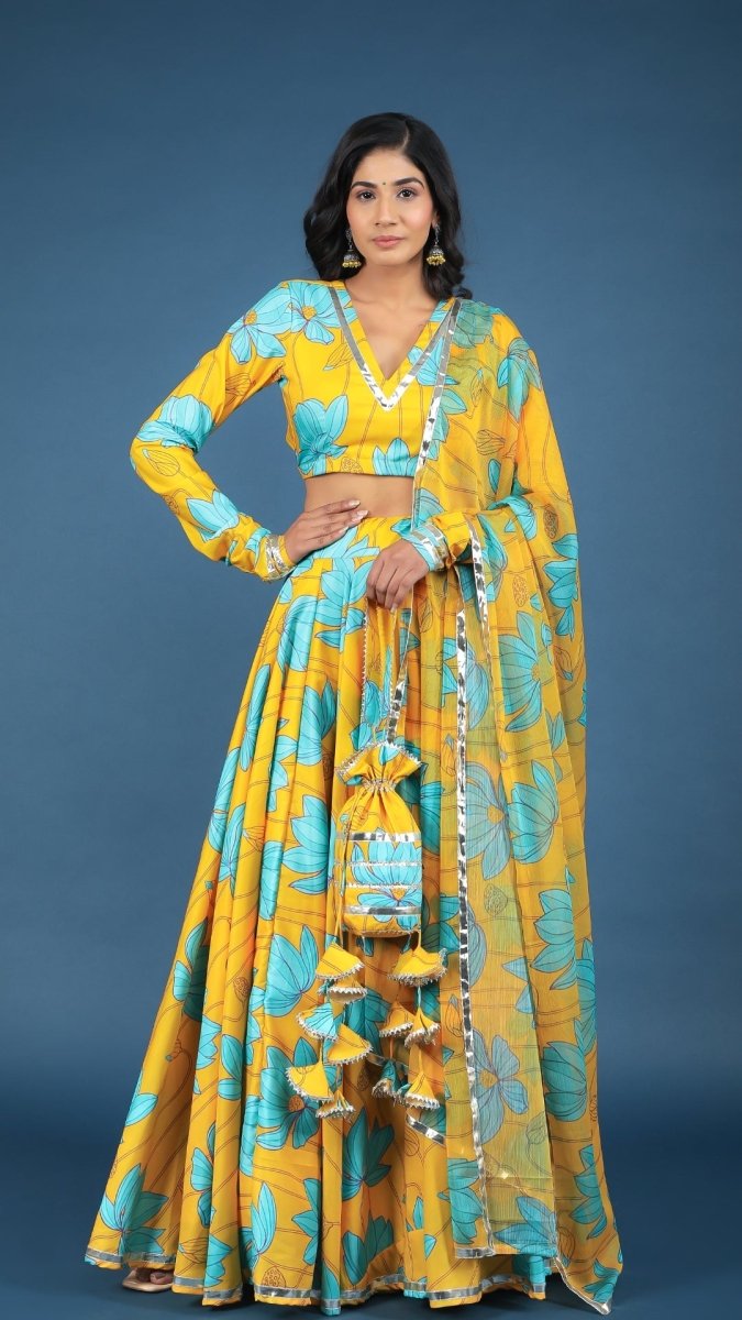 YELLOW BUSH LILLY MUSLIN SILK LEHENGA WITH CHIFFON DUPATTA SET - Pomcha Jaipur