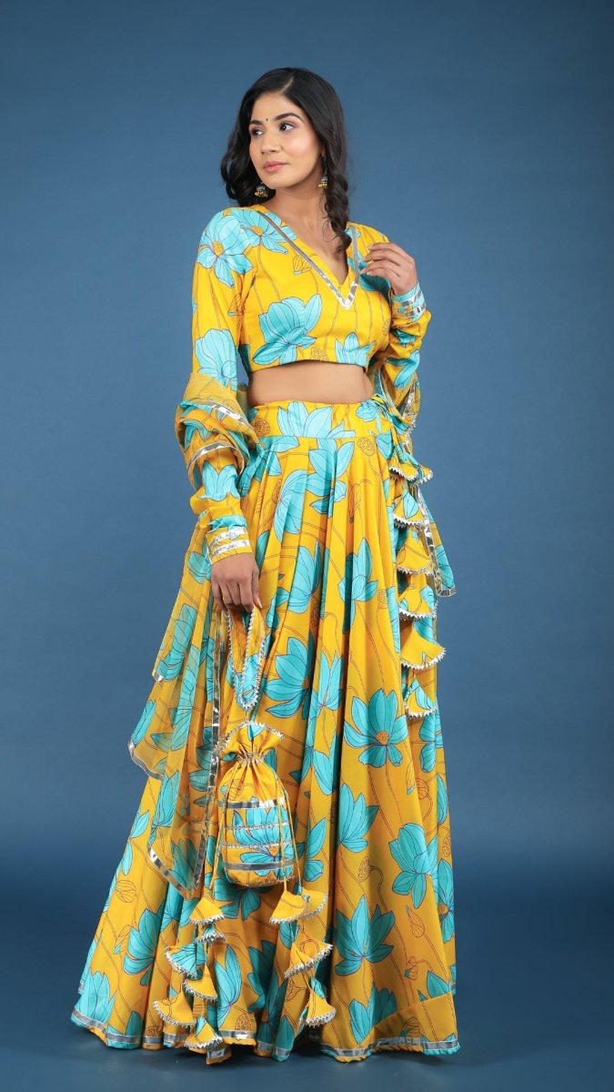 YELLOW BUSH LILLY MUSLIN SILK LEHENGA WITH CHIFFON DUPATTA SET - Pomcha Jaipur