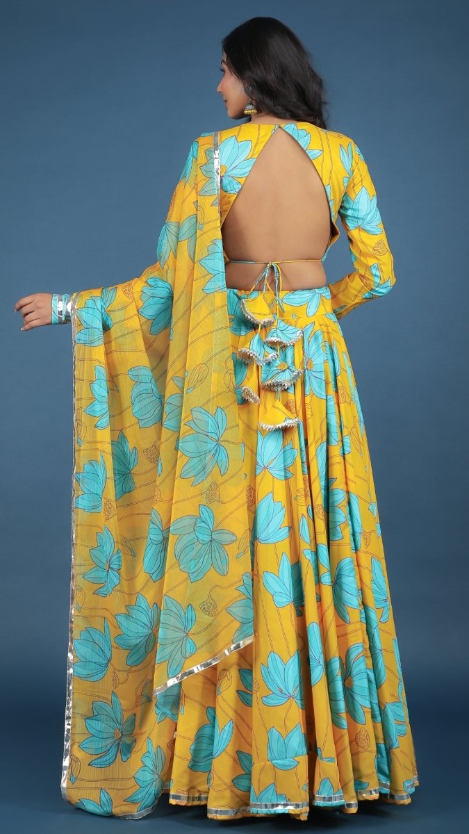 YELLOW BUSH LILLY MUSLIN SILK LEHENGA WITH CHIFFON DUPATTA SET - Pomcha Jaipur