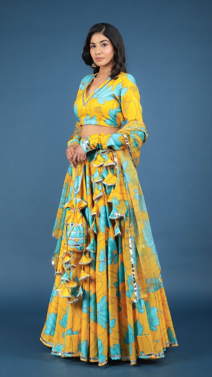 YELLOW BUSH LILLY MUSLIN SILK LEHENGA WITH CHIFFON DUPATTA SET - Pomcha Jaipur