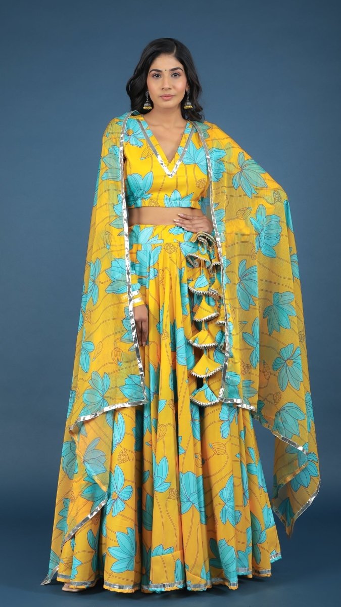 YELLOW BUSH LILLY MUSLIN SILK LEHENGA WITH CHIFFON DUPATTA SET - Pomcha Jaipur