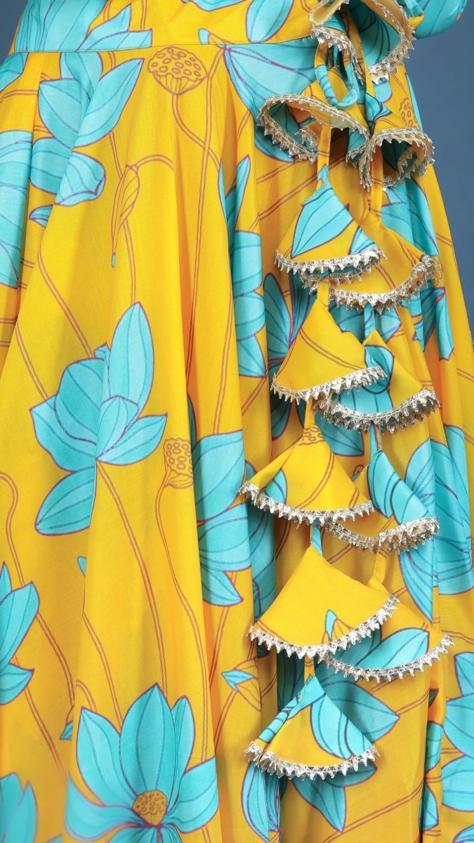 YELLOW BUSH LILLY MUSLIN SILK LEHENGA WITH CHIFFON DUPATTA SET - Pomcha Jaipur