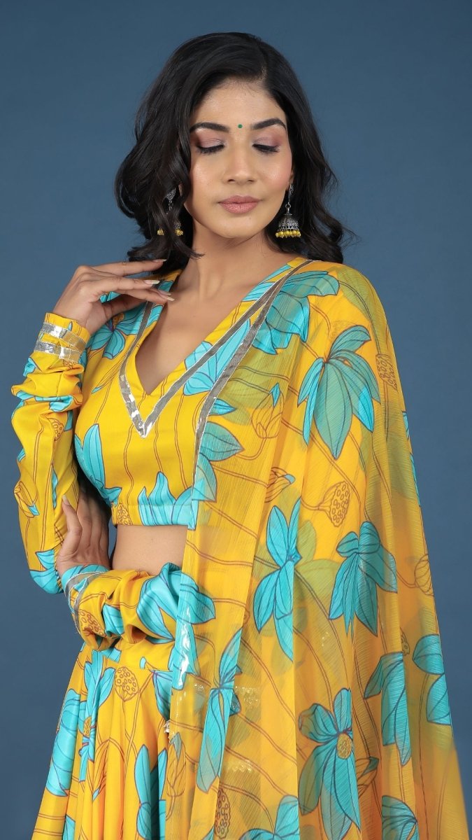YELLOW BUSH LILLY MUSLIN SILK LEHENGA WITH CHIFFON DUPATTA SET - Pomcha Jaipur