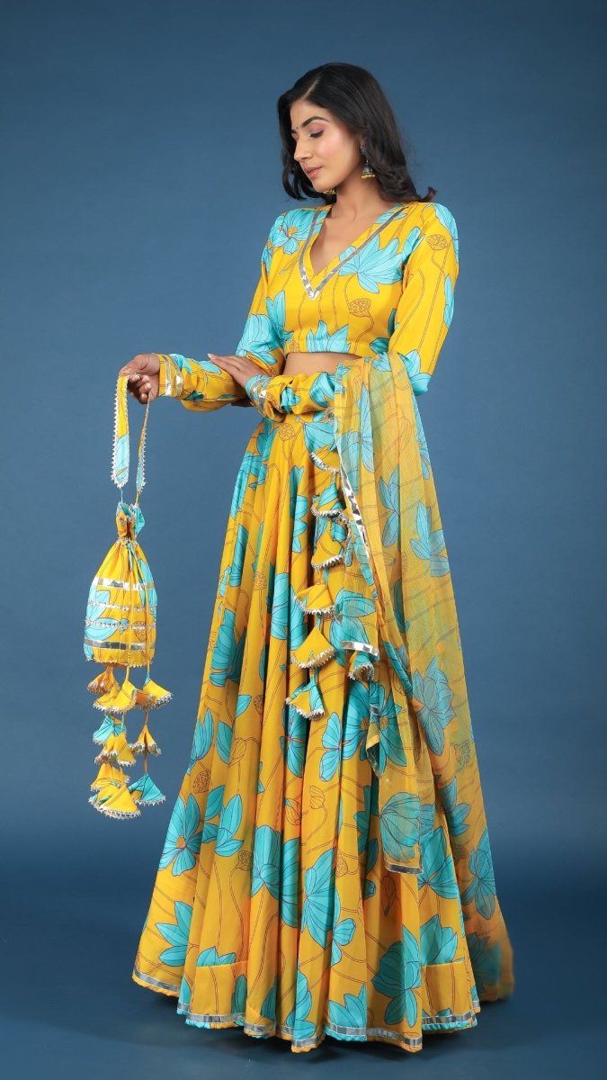 YELLOW BUSH LILLY MUSLIN SILK LEHENGA WITH CHIFFON DUPATTA SET - Pomcha Jaipur