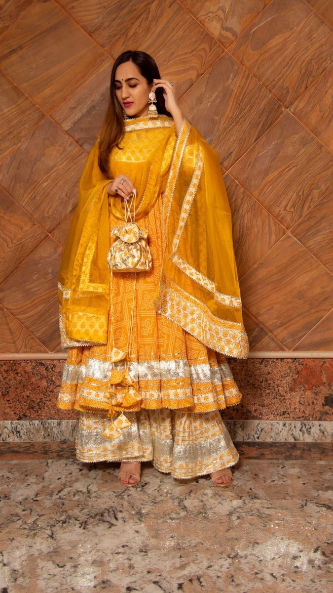 YELLOW LEAF HAND BLOCK PRINT COTTON ANARKALI PLAZO SET WITH ORGANZA DUPATTA - Pomcha Jaipur