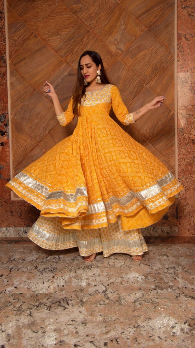 YELLOW LEAF HAND BLOCK PRINT COTTON ANARKALI PLAZO SET WITH ORGANZA DUPATTA - Pomcha Jaipur