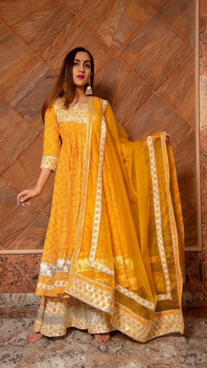 YELLOW LEAF HAND BLOCK PRINT COTTON ANARKALI PLAZO SET WITH ORGANZA DUPATTA - Pomcha Jaipur