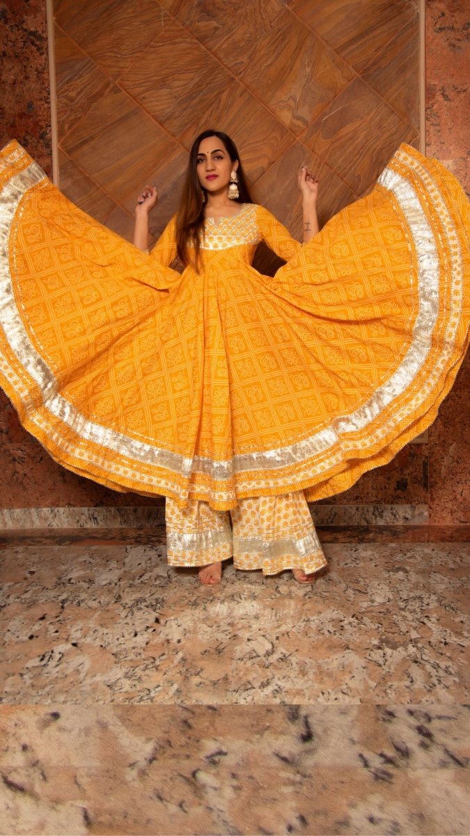 YELLOW LEAF HAND BLOCK PRINT COTTON ANARKALI PLAZO SET WITH ORGANZA DUPATTA - Pomcha Jaipur