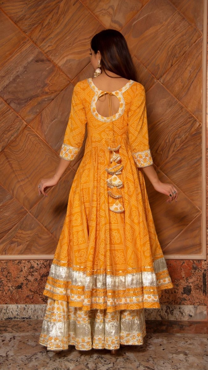 YELLOW LEAF HAND BLOCK PRINT COTTON ANARKALI PLAZO SET WITH ORGANZA DUPATTA - Pomcha Jaipur
