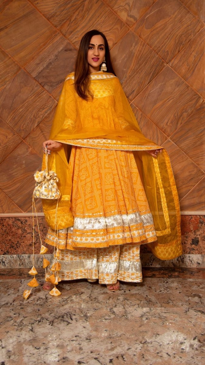 YELLOW LEAF HAND BLOCK PRINT COTTON ANARKALI PLAZO SET WITH ORGANZA DUPATTA - Pomcha Jaipur