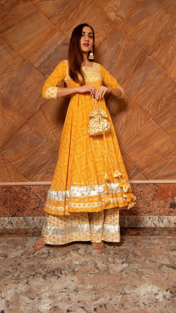 YELLOW LEAF HAND BLOCK PRINT COTTON ANARKALI PLAZO SET WITH ORGANZA DUPATTA - Pomcha Jaipur