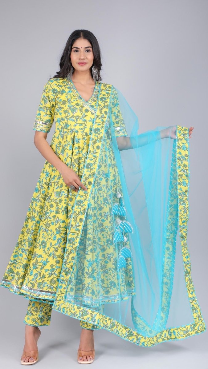 YELLOW PAISELY JAAL COTTON ANGRAKHA SET - Pomcha Jaipur