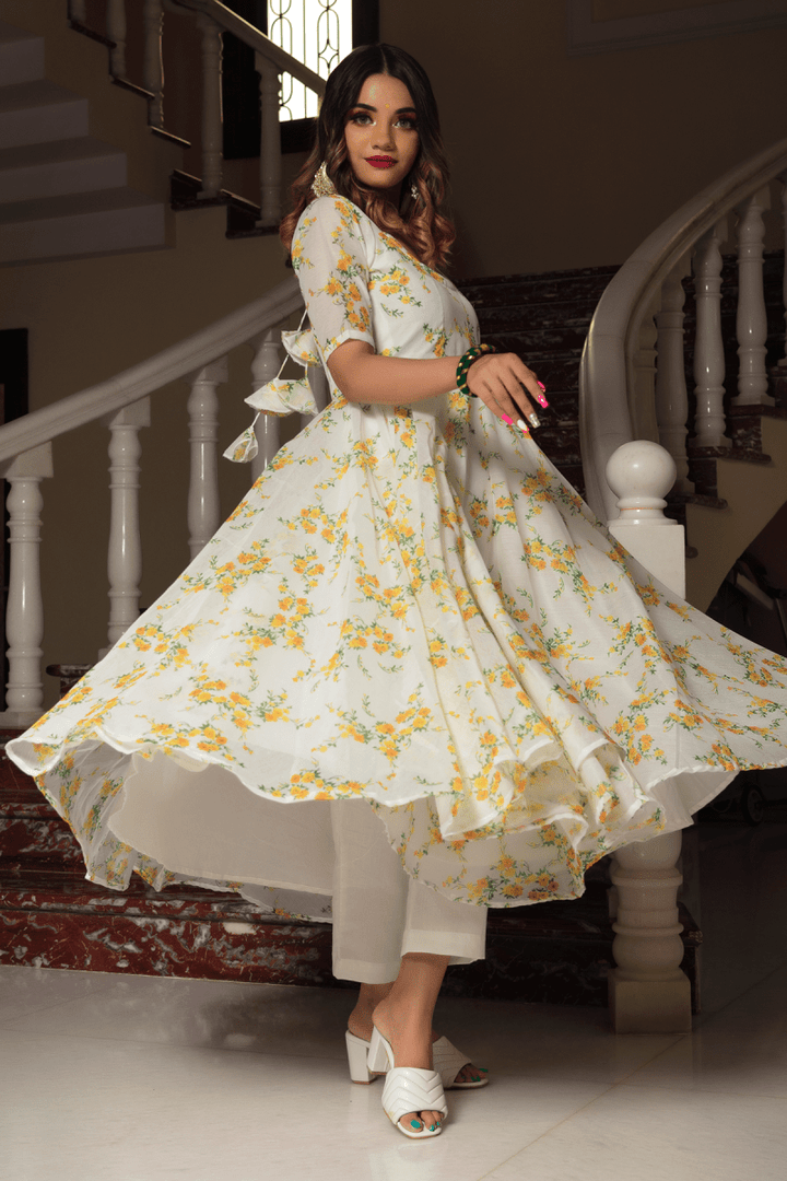 YELLOW PHOOL ORGANZA ANARKALI SET WITH ORGANZA DUPATTA - Pomcha Jaipur