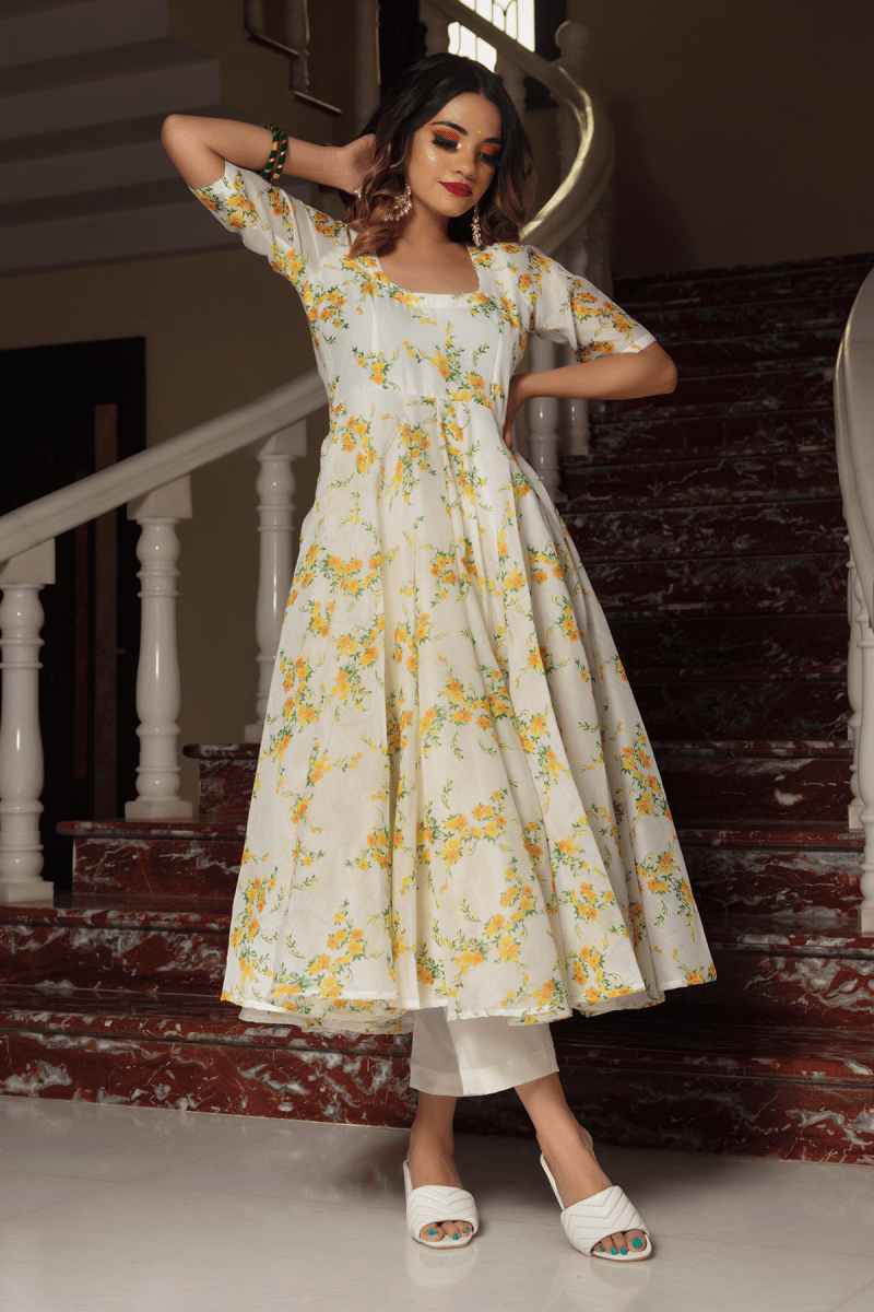 YELLOW PHOOL ORGANZA ANARKALI SET WITH ORGANZA DUPATTA - Pomcha Jaipur