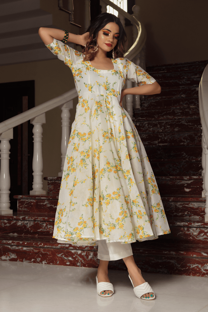 YELLOW PHOOL ORGANZA ANARKALI SET WITH ORGANZA DUPATTA - Pomcha Jaipur