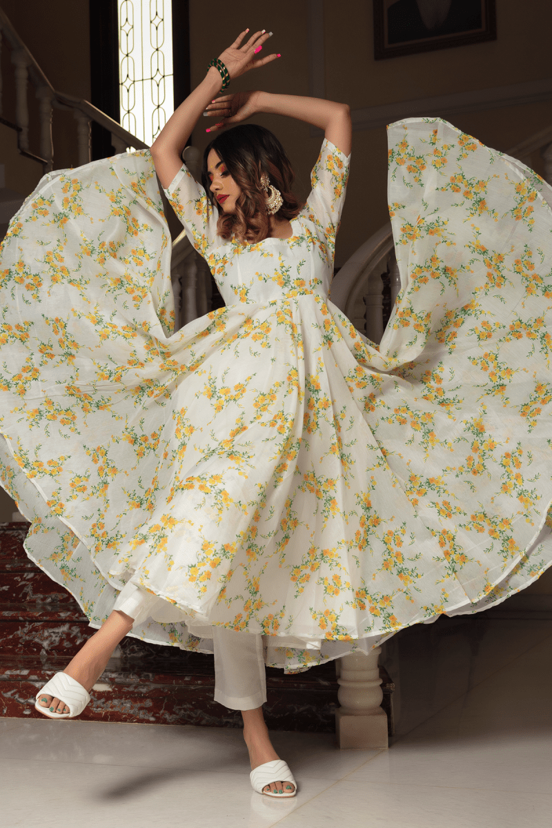 YELLOW PHOOL ORGANZA ANARKALI SET WITH ORGANZA DUPATTA - Pomcha Jaipur