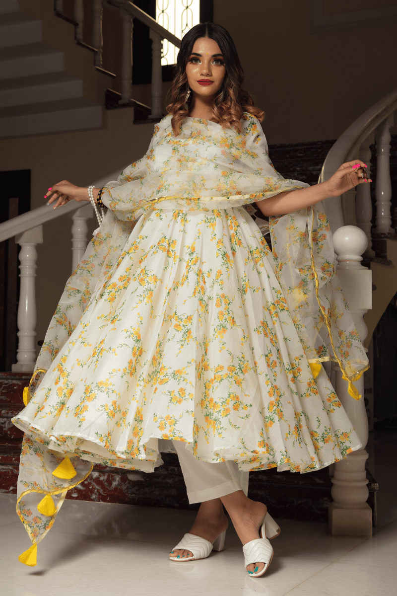 YELLOW PHOOL ORGANZA ANARKALI SET WITH ORGANZA DUPATTA - Pomcha Jaipur