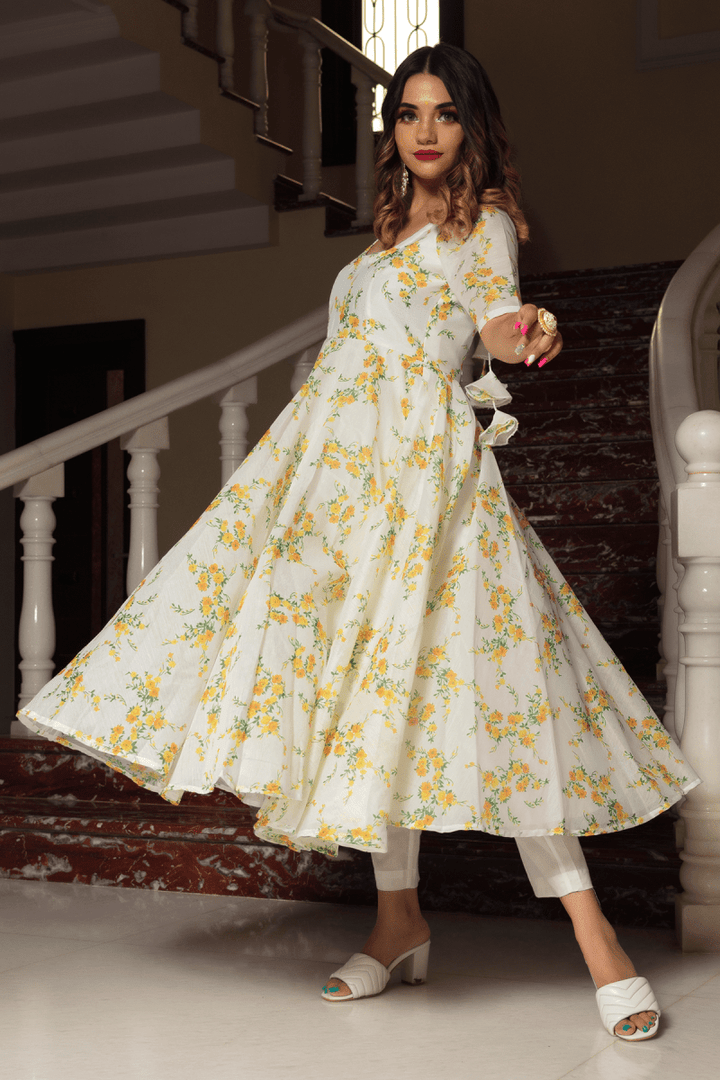 YELLOW PHOOL ORGANZA ANARKALI SET WITH ORGANZA DUPATTA - Pomcha Jaipur