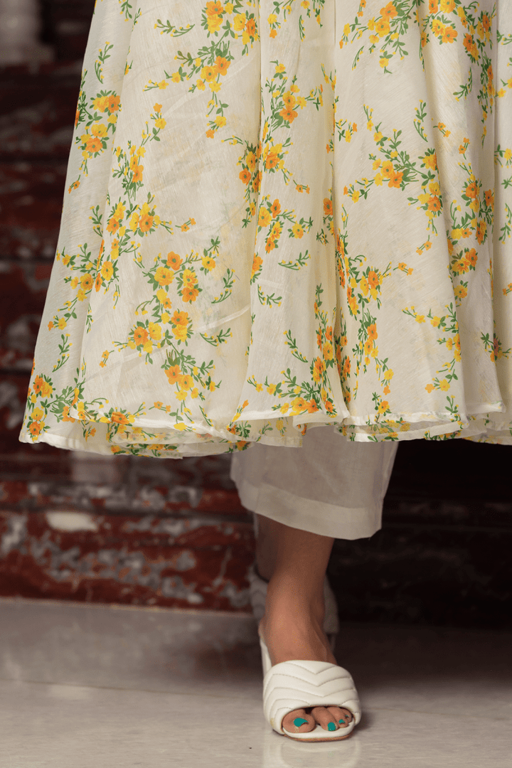 YELLOW PHOOL ORGANZA ANARKALI SET WITH ORGANZA DUPATTA - Pomcha Jaipur