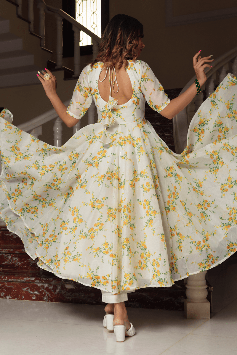 YELLOW PHOOL ORGANZA ANARKALI SET WITH ORGANZA DUPATTA - Pomcha Jaipur