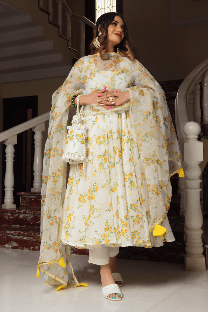 YELLOW PHOOL ORGANZA ANARKALI SET WITH ORGANZA DUPATTA - Pomcha Jaipur