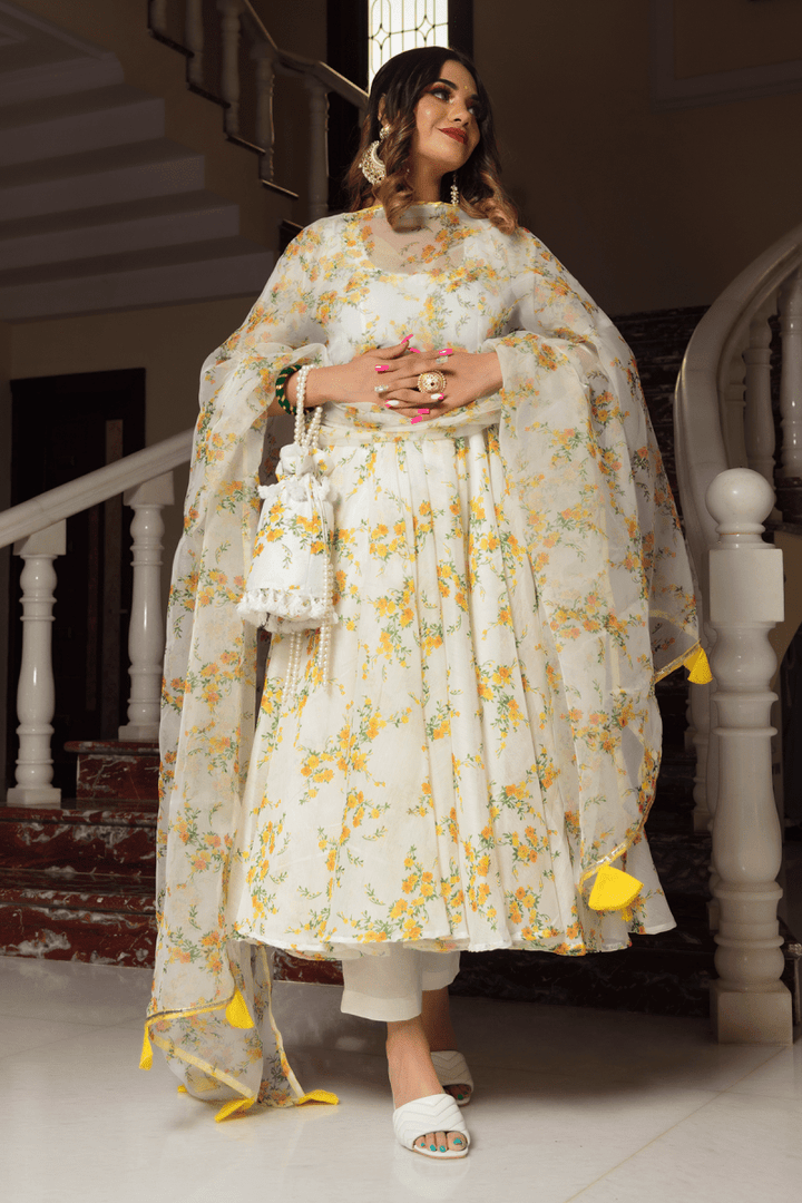 YELLOW PHOOL ORGANZA ANARKALI SET WITH ORGANZA DUPATTA - Pomcha Jaipur
