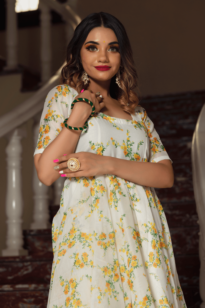 YELLOW PHOOL ORGANZA ANARKALI SET WITH ORGANZA DUPATTA - Pomcha Jaipur
