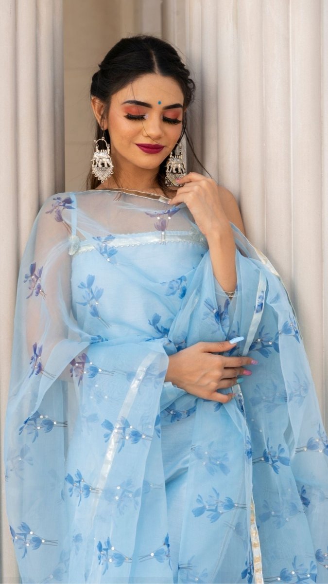 ZAARA BLUE COTTON SILK SUIT SET WITH ORGANZA DUPATTA - Pomcha Jaipur