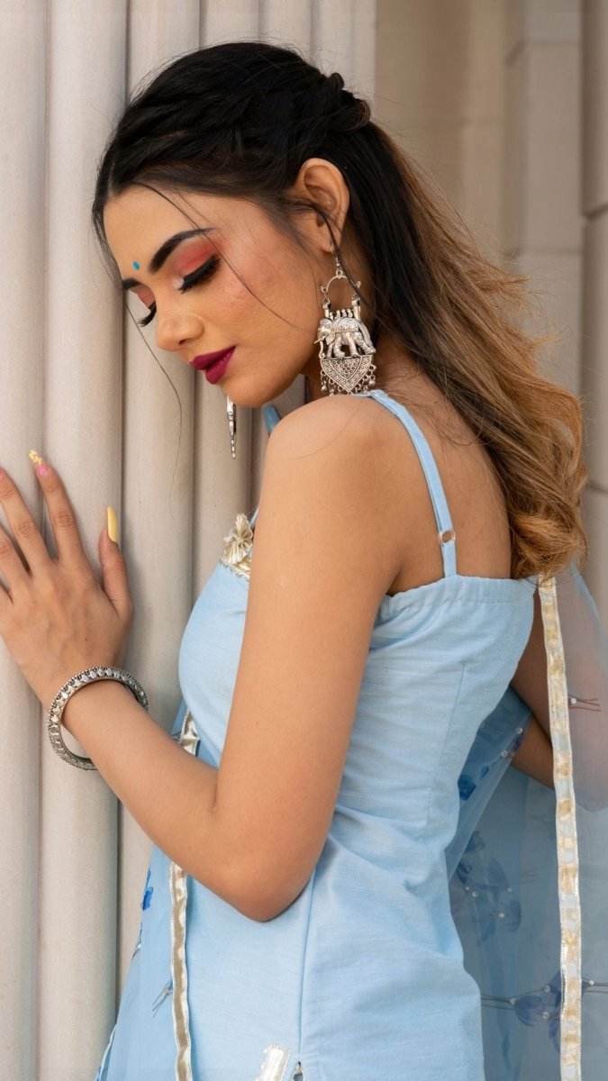 ZAARA BLUE COTTON SILK SUIT SET WITH ORGANZA DUPATTA - Pomcha Jaipur