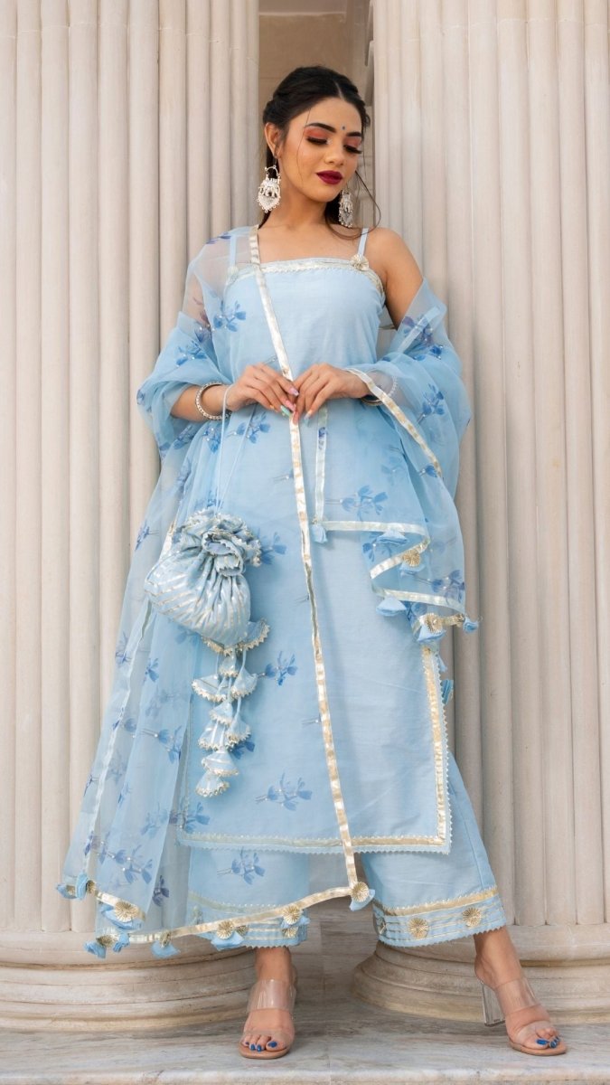 ZAARA BLUE COTTON SILK SUIT SET WITH ORGANZA DUPATTA - Pomcha Jaipur