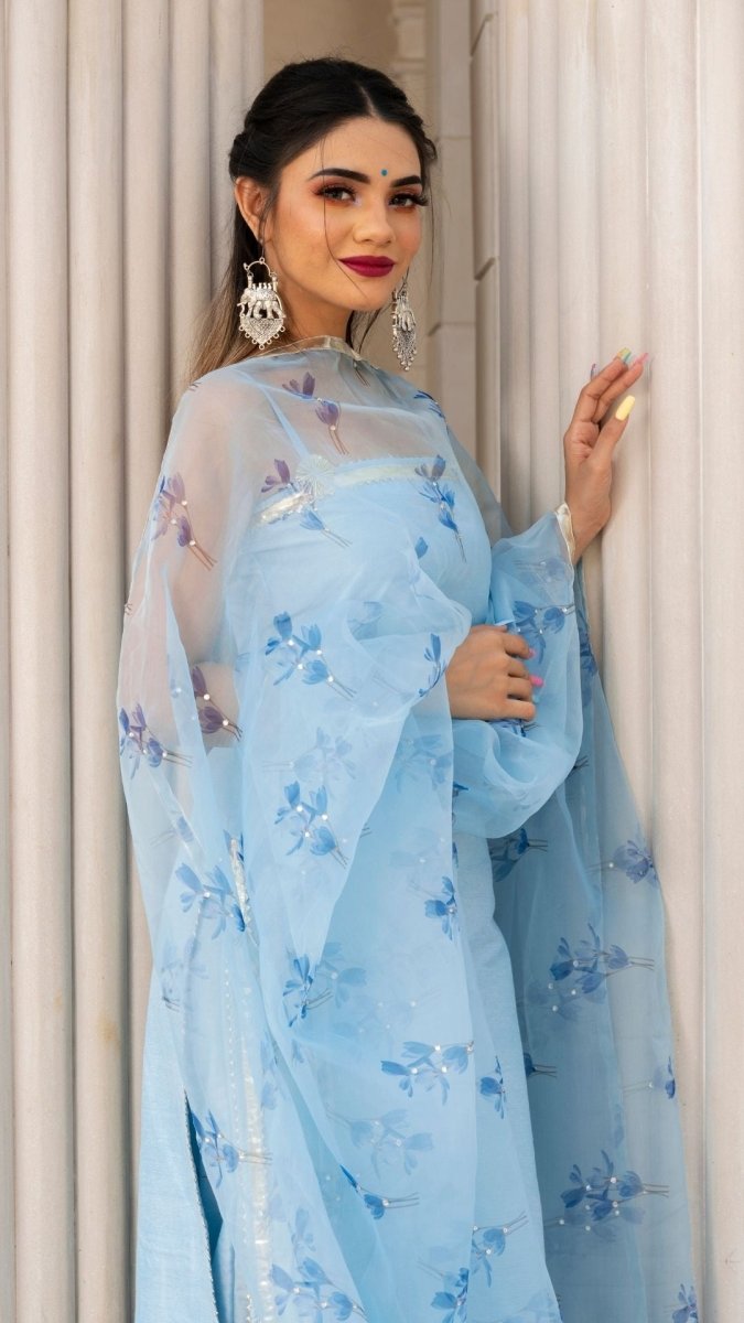 ZAARA BLUE COTTON SILK SUIT SET WITH ORGANZA DUPATTA - Pomcha Jaipur