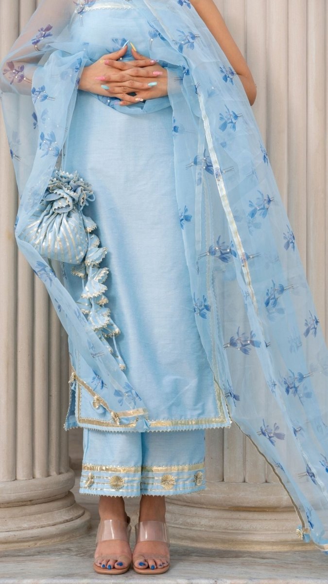 ZAARA BLUE COTTON SILK SUIT SET WITH ORGANZA DUPATTA - Pomcha Jaipur